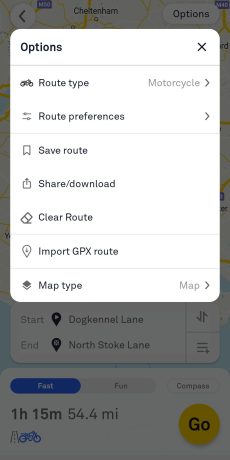 Options Menu - Motorcycle GPS Speedometer